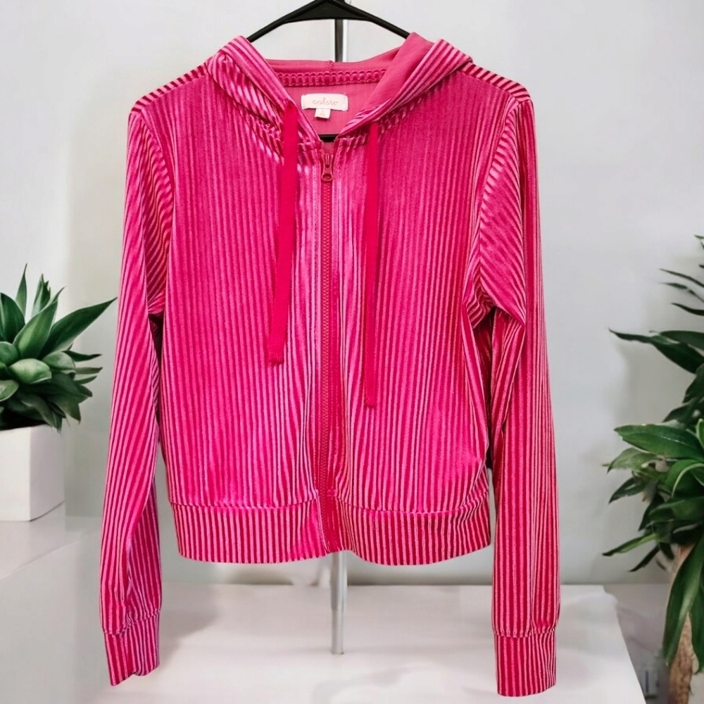 Colsie Hot Pink Velour Full Zip up Ribbed Sweatshirt